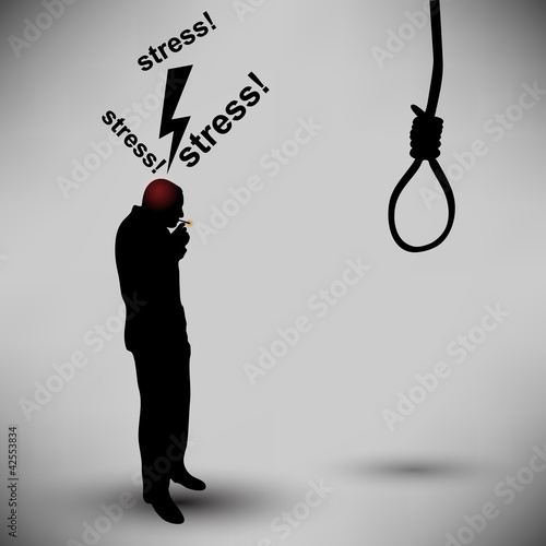 Vector: Businessman with thoughts of suicide smokes a cigarette Businessman with thoughts of suicide smokes a cigarette
