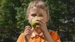 Boy eats green apple