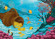 Vector: Antique pitcher with gold coins at the bottom of the sea. Antique pitcher with gold coins at the bottom of the sea.