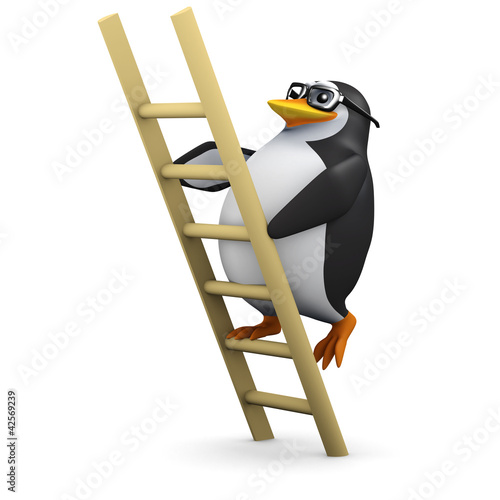 Illustration: 3d Penguin in glasses climbs ladder 3d Penguin in glasses climbs ladder