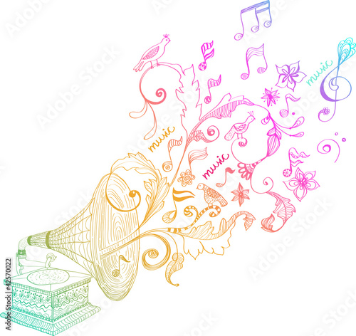 Vector: Vintage Gramophone, Record player with floral ornament Vintage Gramophone, Record player with floral ornament