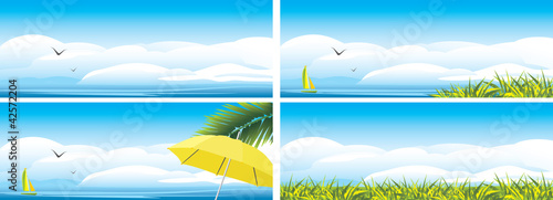 Vektor: Sky landscape with clouds and grass. Summer background Sky landscape with clouds and grass. Summer background