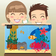 Happy Kids Feeding Fish In Aquarium