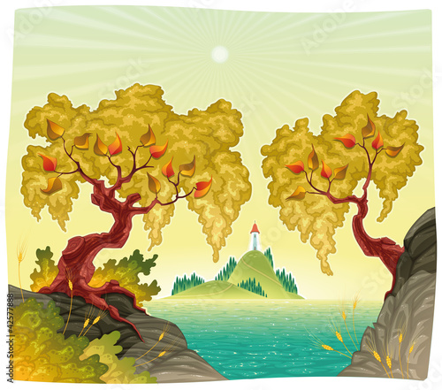 Vector: Romanitc landscape on the sea. Vector illustration. Romanitc landscape on the sea. Vector illustration.