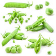 Collection Fresh green pea pod and peas on white