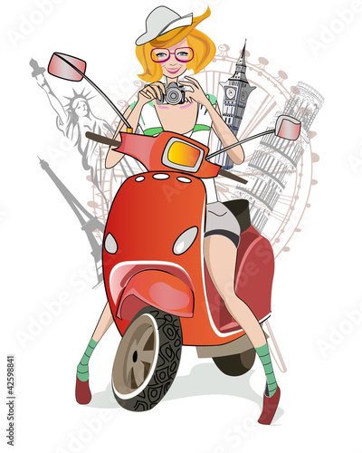 Vektor: Girl traveling on a scooter to the sights Girl traveling on a scooter to the sights