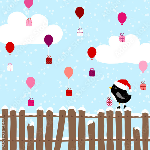 Vettoriale: Penguin Fence Flying Balloons Christmas Gifts Blue Penguin Fence Flying Balloons Christmas Gifts Blue