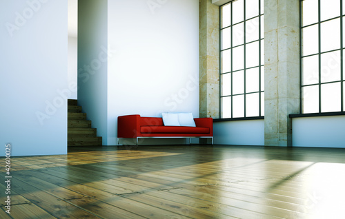 Illustration: Rotes Sofa im Loft Rotes Sofa im Loft
