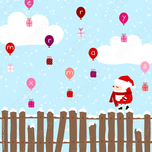 Vector: Santa Fence Balloons Christmas Gifts "Merry Xmas" Blue Santa Fence Balloons Christmas Gifts "Merry Xmas" Blue
