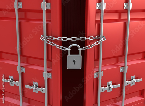 Illustration: Red freight container is closed on the lock Red freight container is closed on the lock