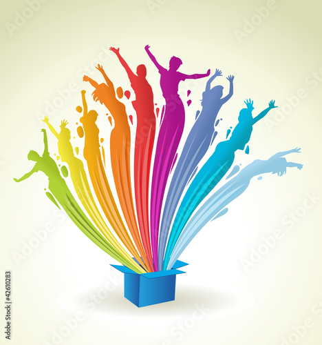 Vektor: Colorful paint in shape of people splashing out of a blue box Colorful paint in shape of people splashing out of a blue box