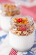 delicious and healthy yogurt and granola, fruits, nuts, grains