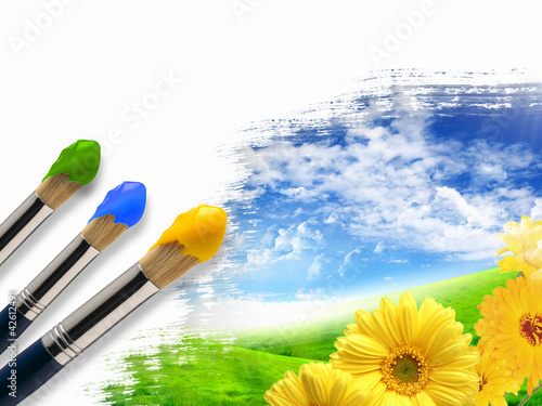 Photo: Paint brushes and landscape image Paint brushes and landscape image