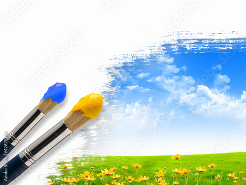 Photo: Paint brushes and landscape image Paint brushes and landscape image