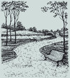 Vector landscape. Benches along the paths of park