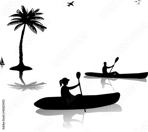 Vector: Man and woman kayaking near the palm trees silhouette Man and woman kayaking near the palm trees silhouette