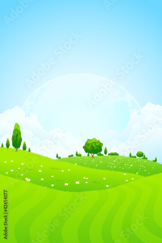 Vektor: Green Background with Moon in the Sky Green Background with Moon in the Sky
