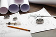 Photo: Tools and papers with sketches Tools and papers with sketches