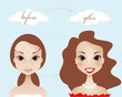 makeup of pretty brunette woman before and after