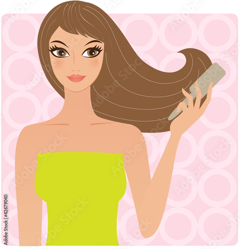 Illustration: Attractive young woman combing her hair Attractive young woman combing her hair