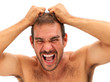 man pulling his hair and yelling on white background