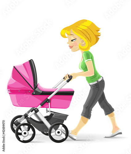 Vetor: Young mother walking with a pink baby carriage Young mother walking with a pink baby carriage