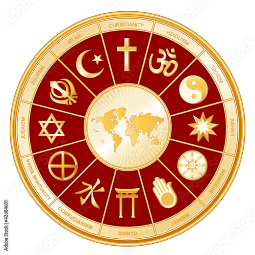 Vector: World of Faith around earth map, 12 global religions, labels World of Faith around earth map, 12 global religions, labels