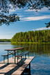 Wooden pier on lake with benches