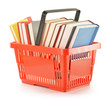 Plastic shopping basket with books isolated on white