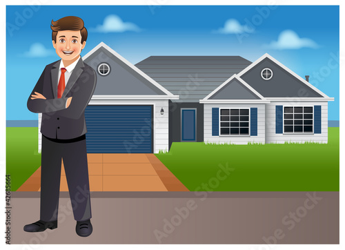 Vector: Young businessman/ property dealer standing in front of a house Young businessman/ property dealer standing in front of a house