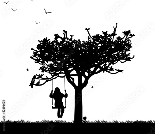 Vector: Girl on swing in park or garden silhouette Girl on swing in park or garden silhouette