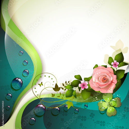 Vector: Background with flowers, butterfly and drops of water Background with flowers, butterfly and drops of water