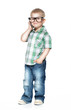 Photo: a little boy with glasses talking on the phone. isolated on whit a little boy with glasses talking on the phone. isolated on whit