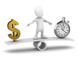 3d Little man balances dollars and time