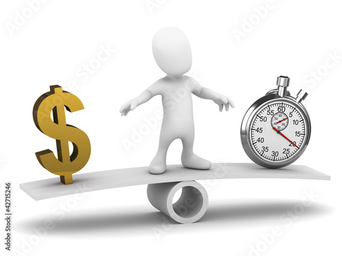 Illustration: 3d Little man balances dollars and time 3d Little man balances dollars and time