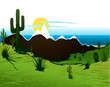 Cactus saguaro, mountains and river. Vector background