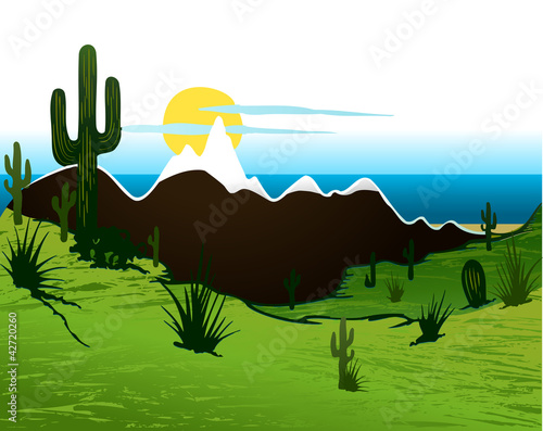 Vector: Cactus saguaro, mountains and river. Vector background Cactus saguaro, mountains and river. Vector background