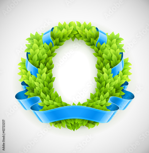 Vektor: floral wreath of green leaves with blue ribbon floral wreath of green leaves with blue ribbon