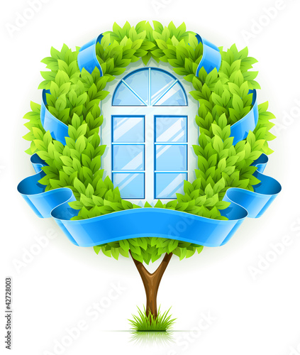 Vector: Ecological window concept with green tree. Vector illustration Ecological window concept with green tree. Vector illustration