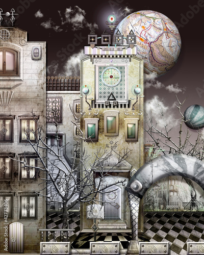 Illustration: Square in the purple night. Square in the purple night.
