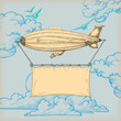 Blimp flying banner for text over blue sky
