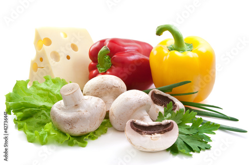 Photo: Fresh vegetables,green leaves,parsley,salad and cheese Fresh vegetables,green leaves,parsley,salad and cheese