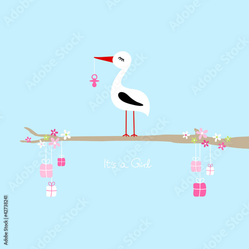 Vektor: Tall Stork Pink Pacifier On Tree Gifts "It´s a Girl" Blue Tall Stork Pink Pacifier On Tree Gifts "It´s a Girl" Blue