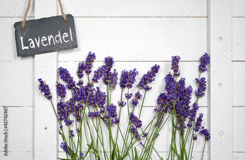Photo: Schiefertafel mit Lavendel vor Holzwand Schiefertafel mit Lavendel vor Holzwand