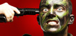 portrait of young soldier comiting suicide over red background