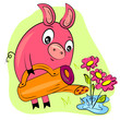 Vektor: piggy gardener watering flowers. farmer hobby painting piggy gardener watering flowers. farmer hobby painting