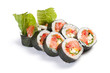Photo: Futomaki. Salman. On a white background. Salmon, tomatoes, Bulga Futomaki. Salman. On a white background. Salmon, tomatoes, Bulga