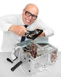 Funny repairman with computer.
