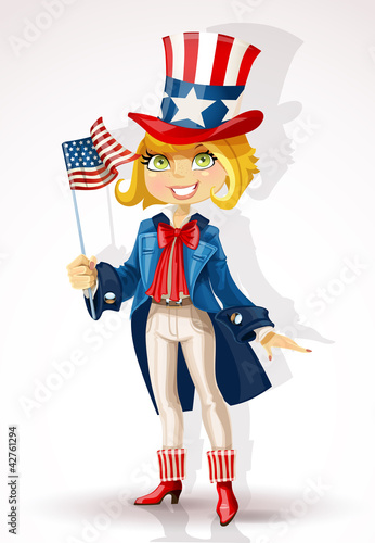 Vettoriale: Girl in a suit of Uncle Sam and with flag USA Girl in a suit of Uncle Sam and with flag USA