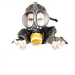 Isolated man wearing gas mask holding blank sign